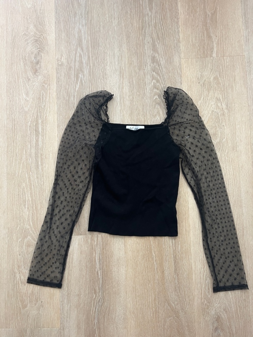 Petal & Pup Black Sheer Dot Puff-Sleeve Long Sleeve Top